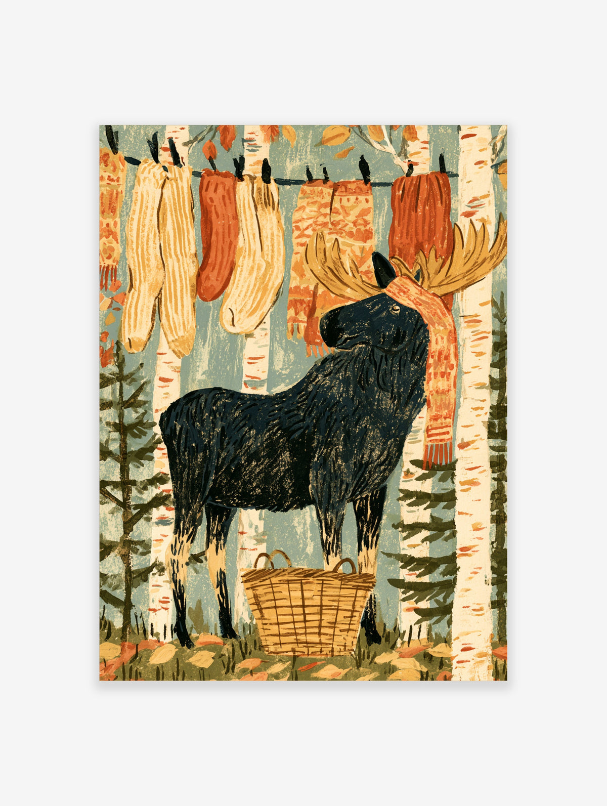 Illustration of a dark moose wearing a rust scarf among birch trees with hanging scarves and a basket
