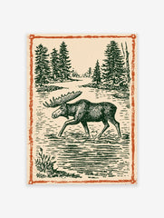Vintage moose wall art illustration print showing a moose wading in a forest lake with pine trees and an orange border.