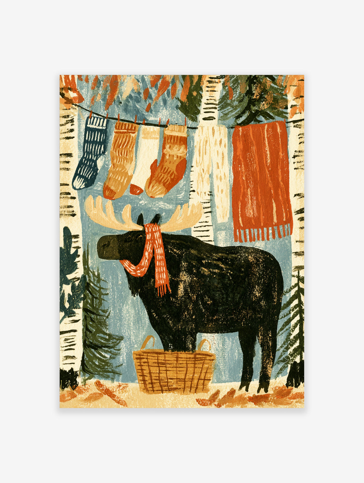 Moose in red scarf under washing line with stockings and blanket, birch trees, winter folk art print