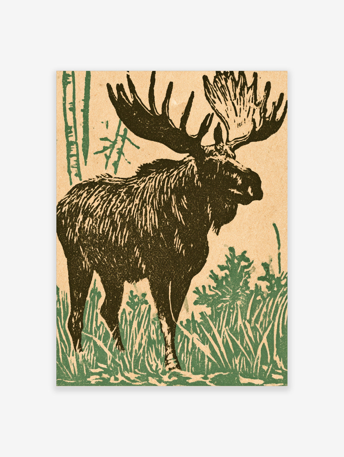 Green and brown woodcut-style moose art print with a bull moose, antlers, trees, and grass