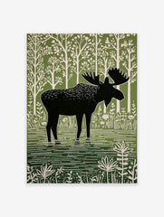 Moose illustration print, black silhouette moose in green water, white stylised trees and plants