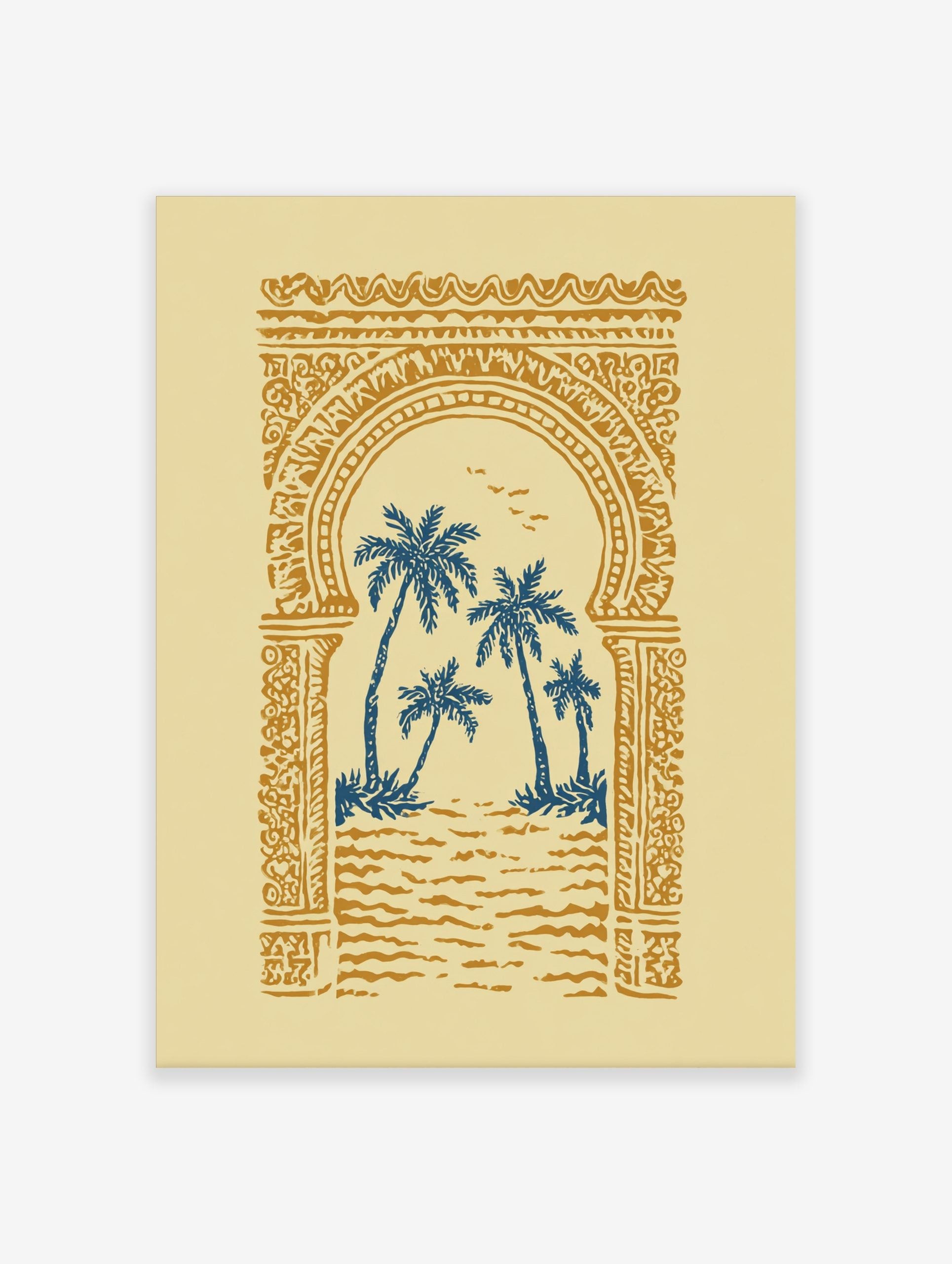 Illustrative print of blue palm trees through an ornate golden Moroccan archway on a cream background