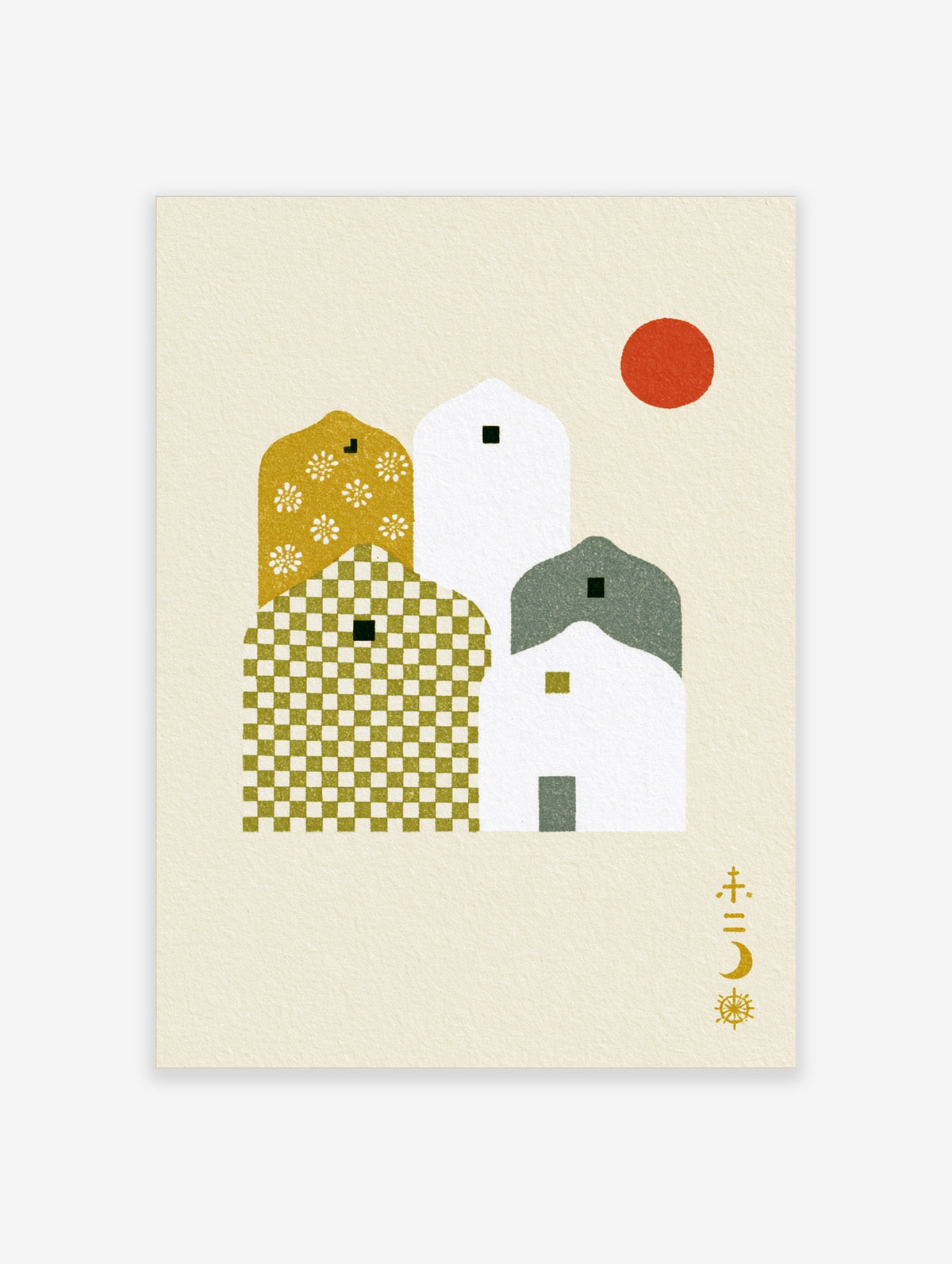 Moroccan arch wall art print with gold floral dome, green checkerboard building, grey and white shapes, and red sun