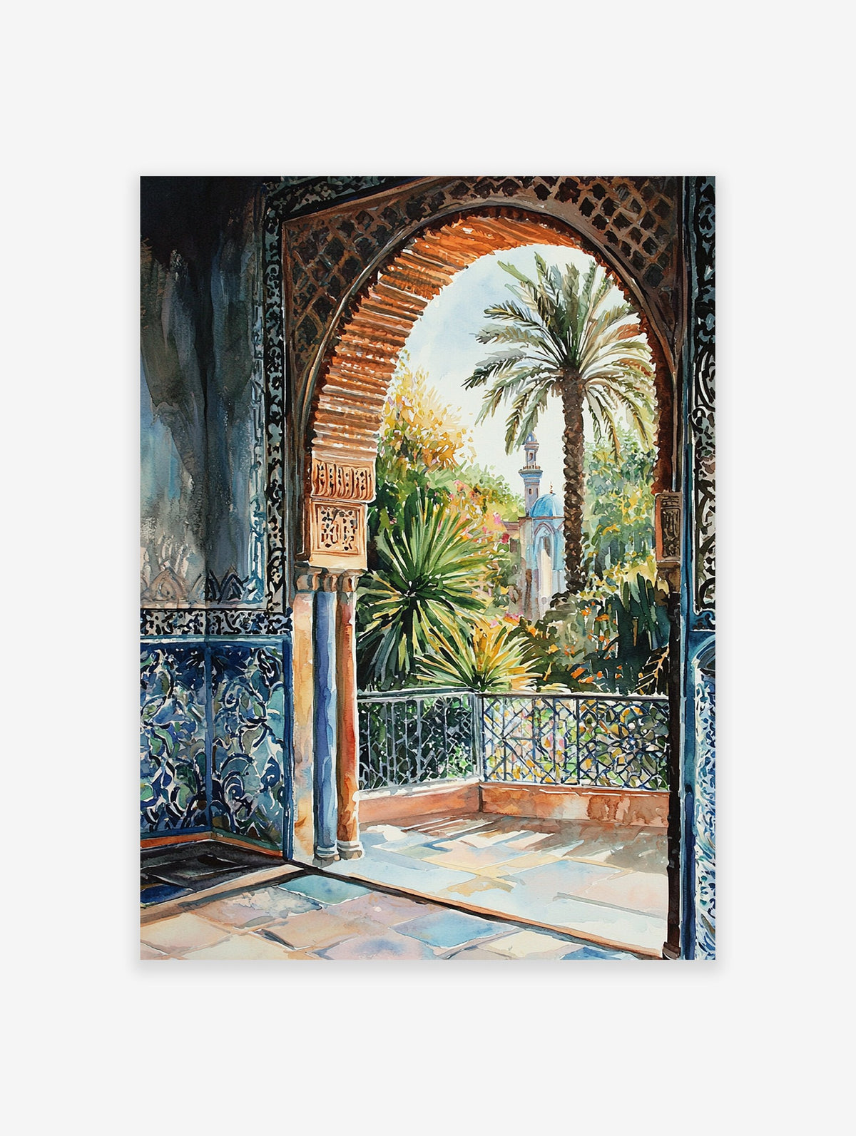 Watercolor poster of a Moroccan archway overlooking a lush garden with a palm tree and mosque dome in the distance.