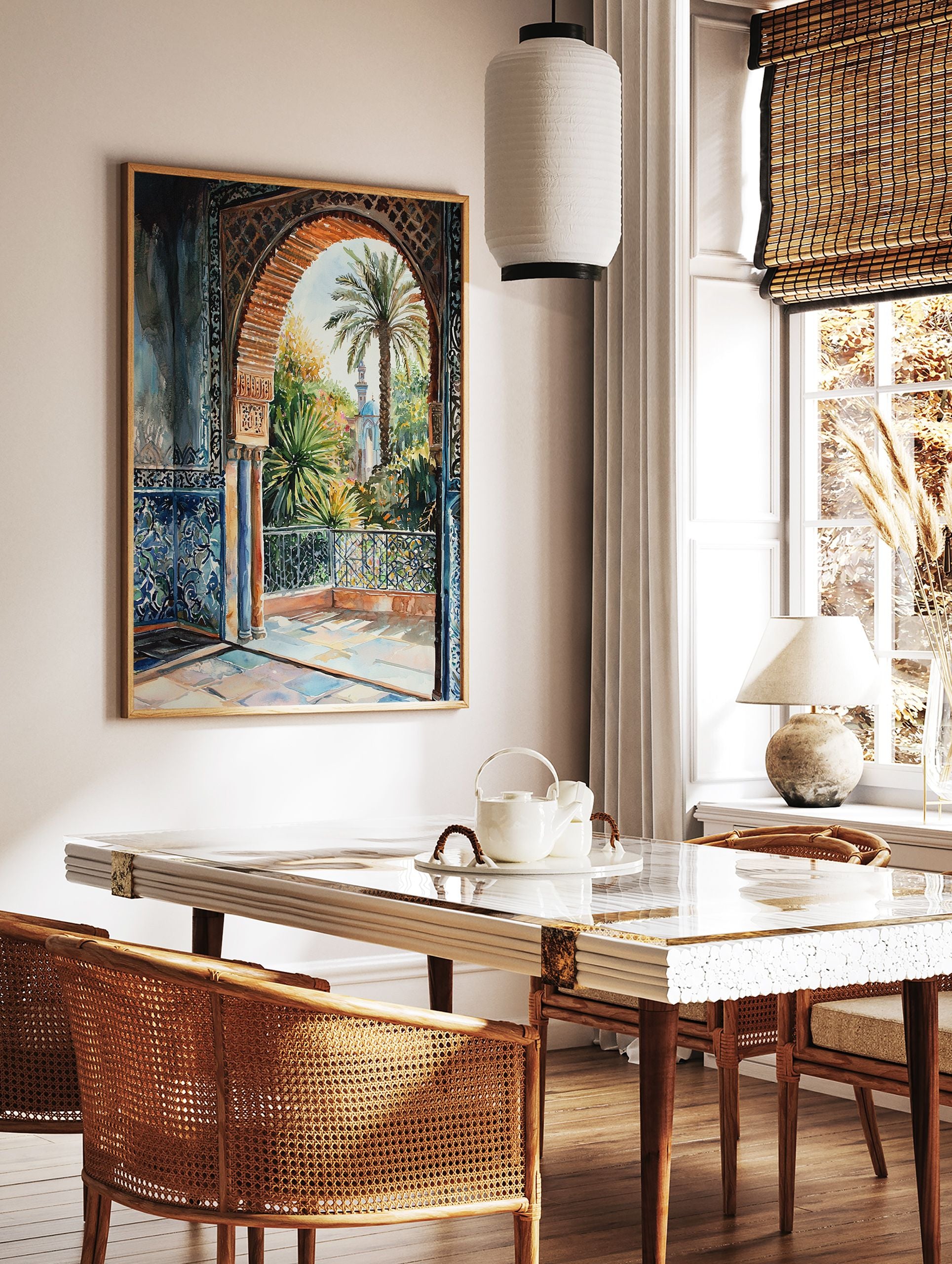 Watercolor poster of a Moroccan archway overlooking a lush garden with a palm tree and mosque dome in the distance. - Image 2