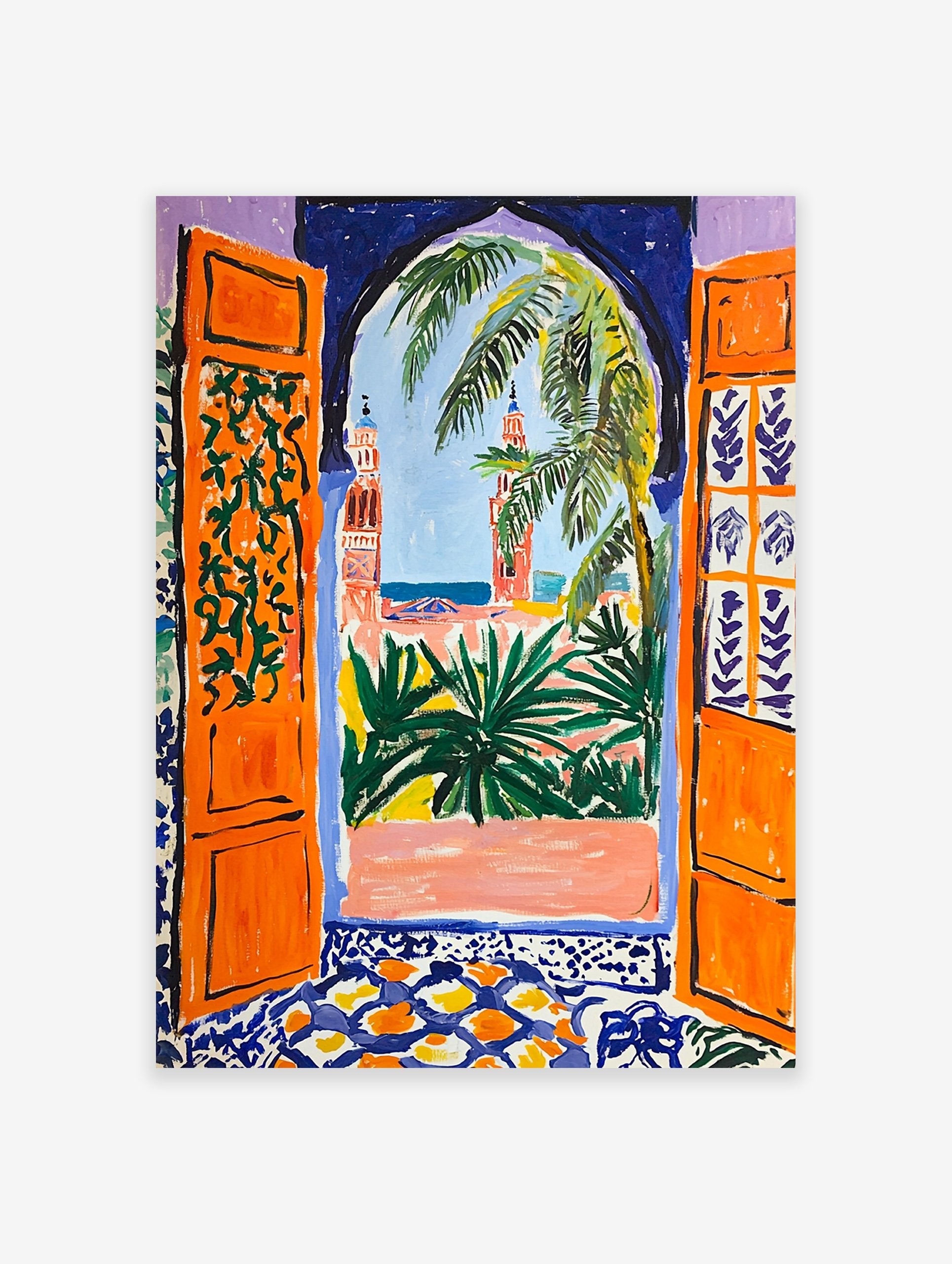 Moroccan Archway Poster depicting an orange archway looking out to minarets, palm trees, and a blue sky.