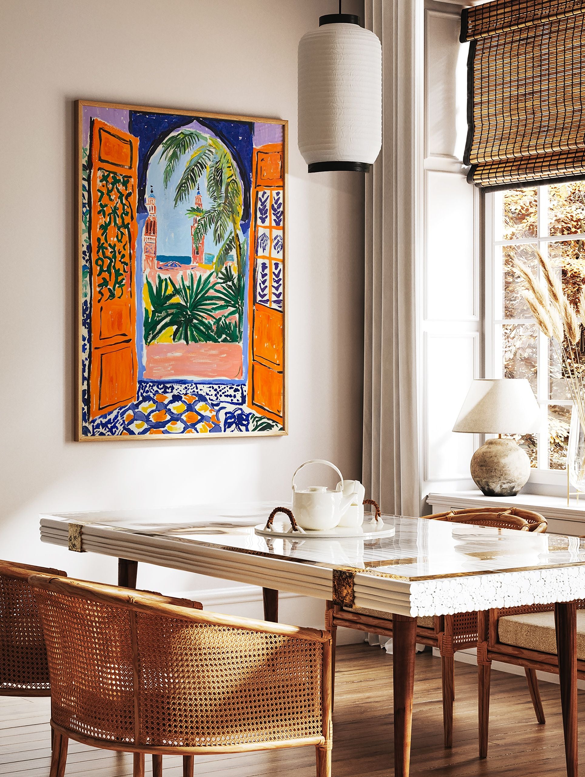 Moroccan Archway Poster depicting an orange archway looking out to minarets, palm trees, and a blue sky. - Image 2