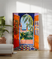 Moroccan Archway Poster depicting an orange archway looking out to minarets, palm trees, and a blue sky. - Image 3