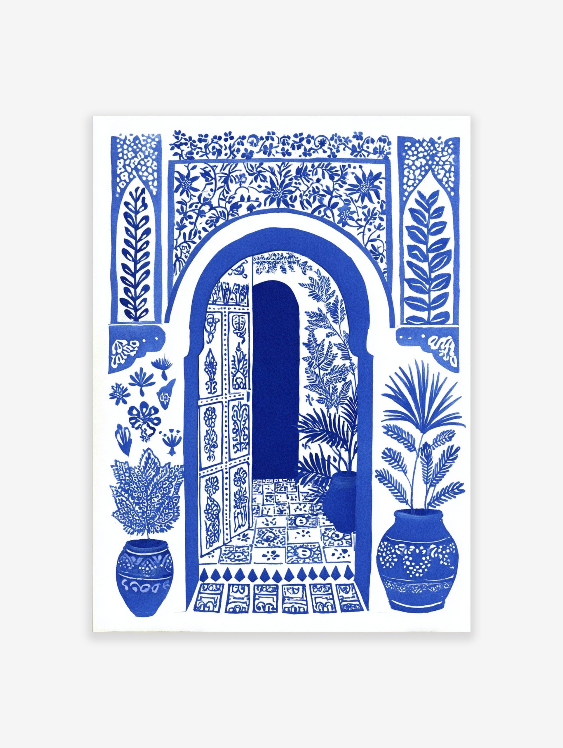 Blue and white illustrative art print of a Moroccan arched doorway with open door, botanical patterns, and potted plants
