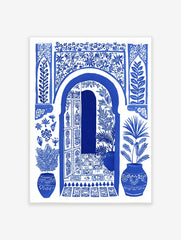 Blue and white illustrative art print of a Moroccan arched doorway with open door, botanical patterns, and potted plants