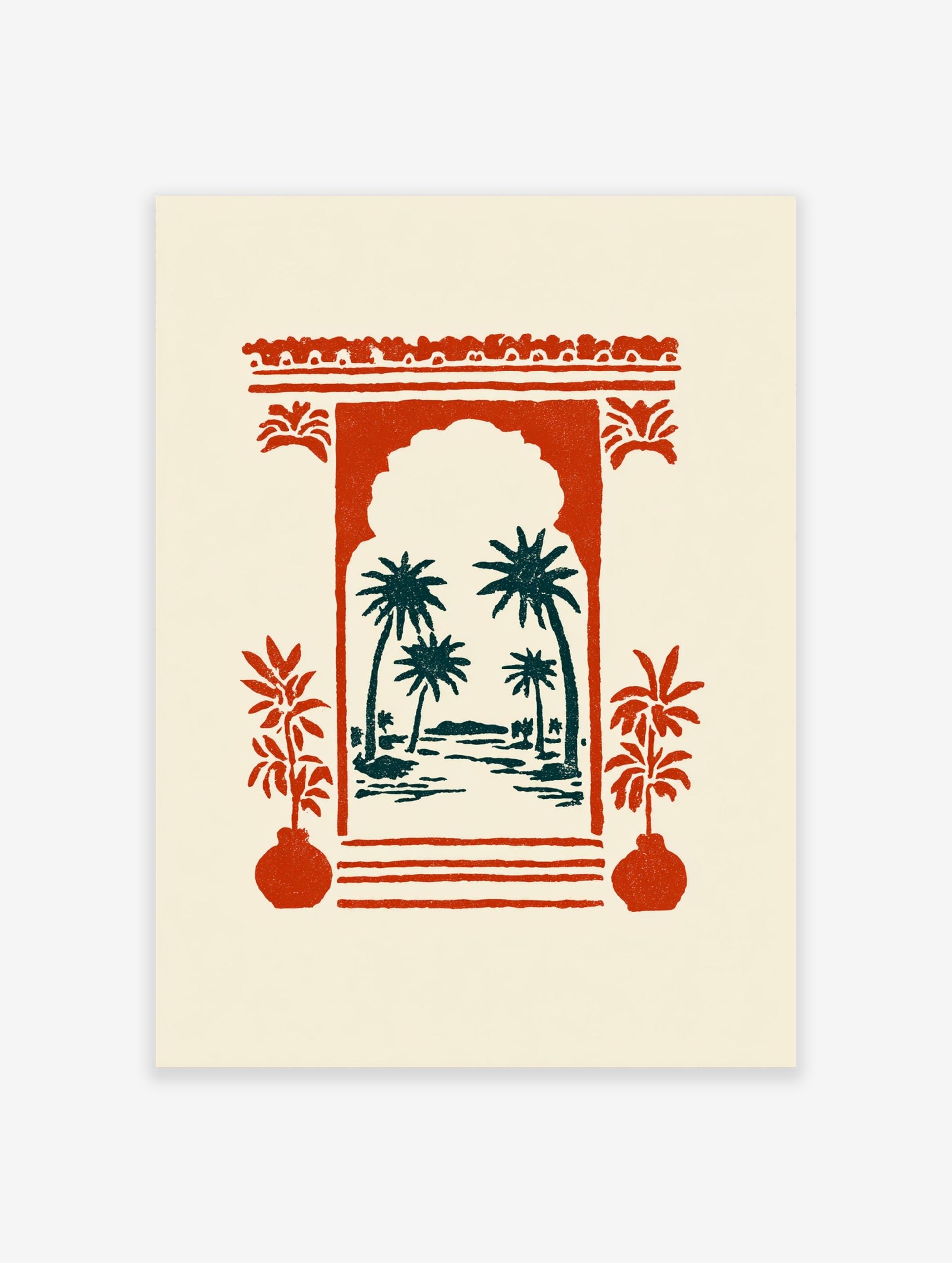 Red Moroccan archway framing teal palm trees and water, with red potted plants, illustrative style
