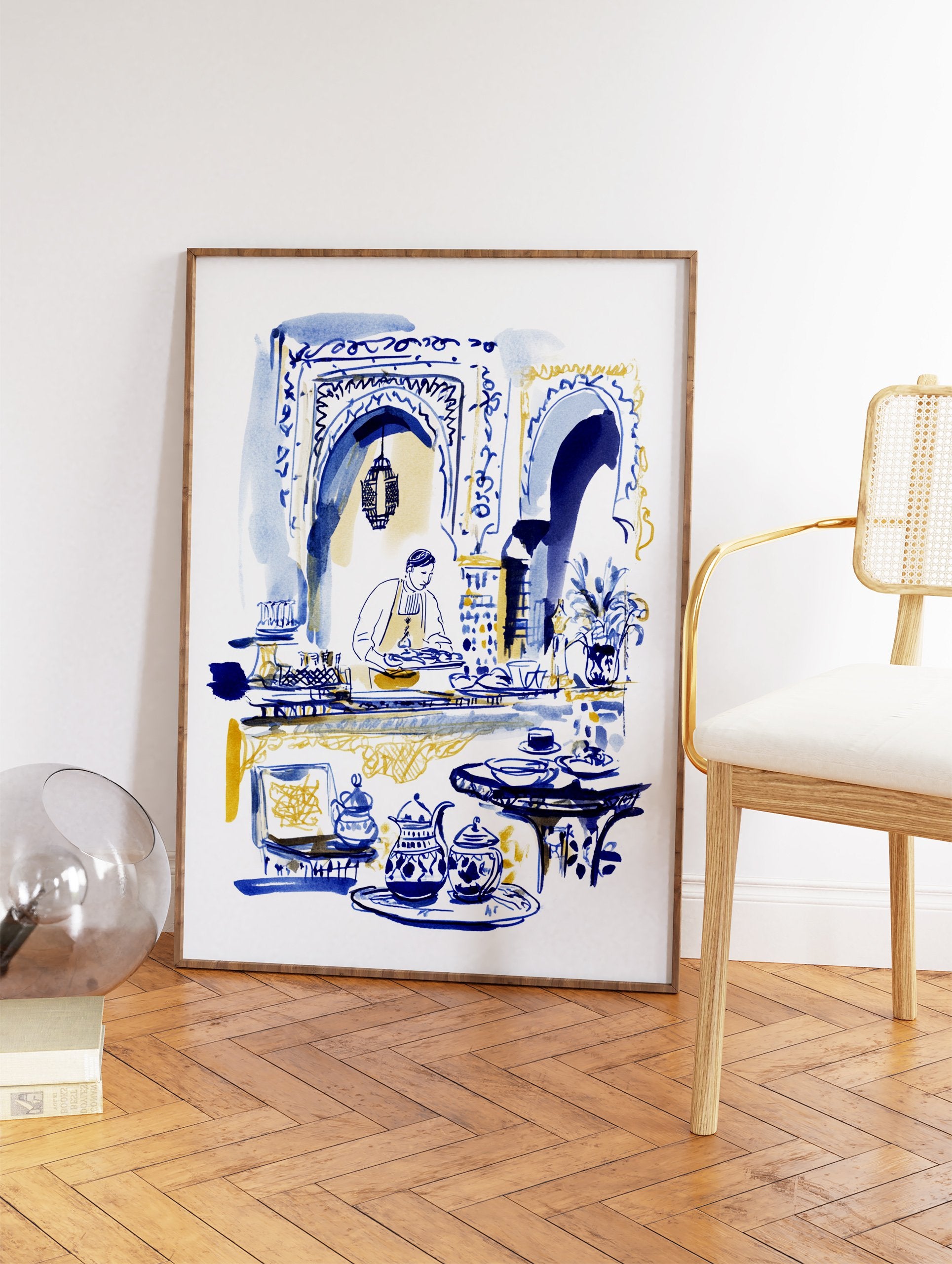 Moroccan cafe scene watercolor illustration with a server, blue and gold architecture, and traditional teaware on white background. - Image 2