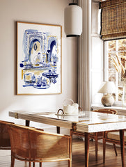 Moroccan cafe scene watercolor illustration with a server, blue and gold architecture, and traditional teaware on white background. - Image 3