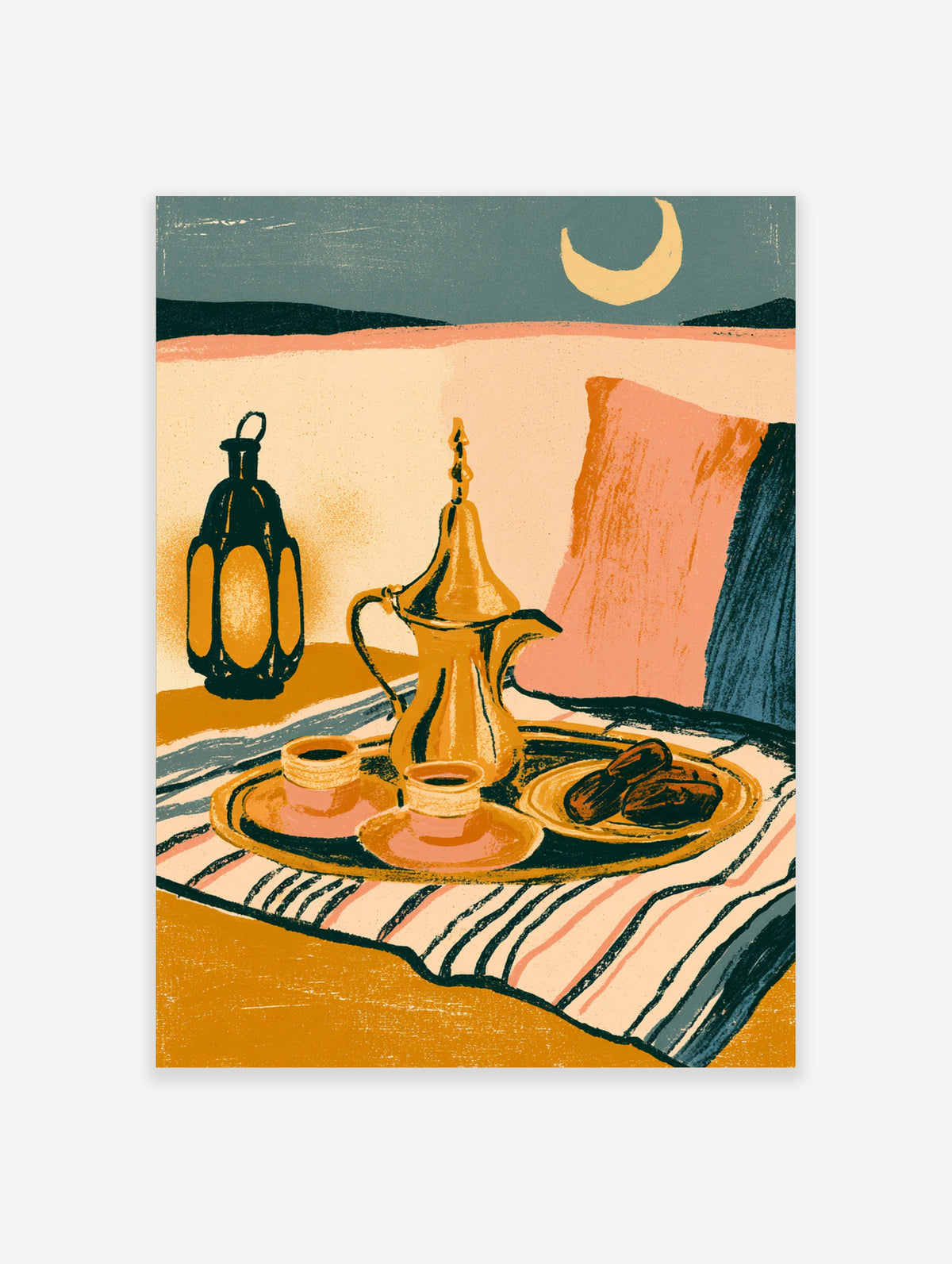 Moroccan coffee poster with gold dallah, cups, dates, lantern and crescent moon on striped rug