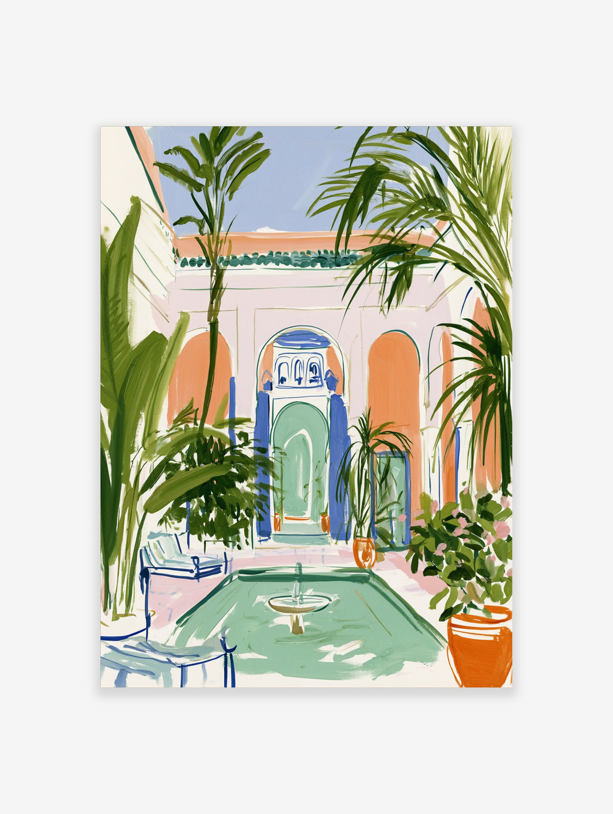 Moroccan courtyard art print with palm trees, orange arches, and a green fountain