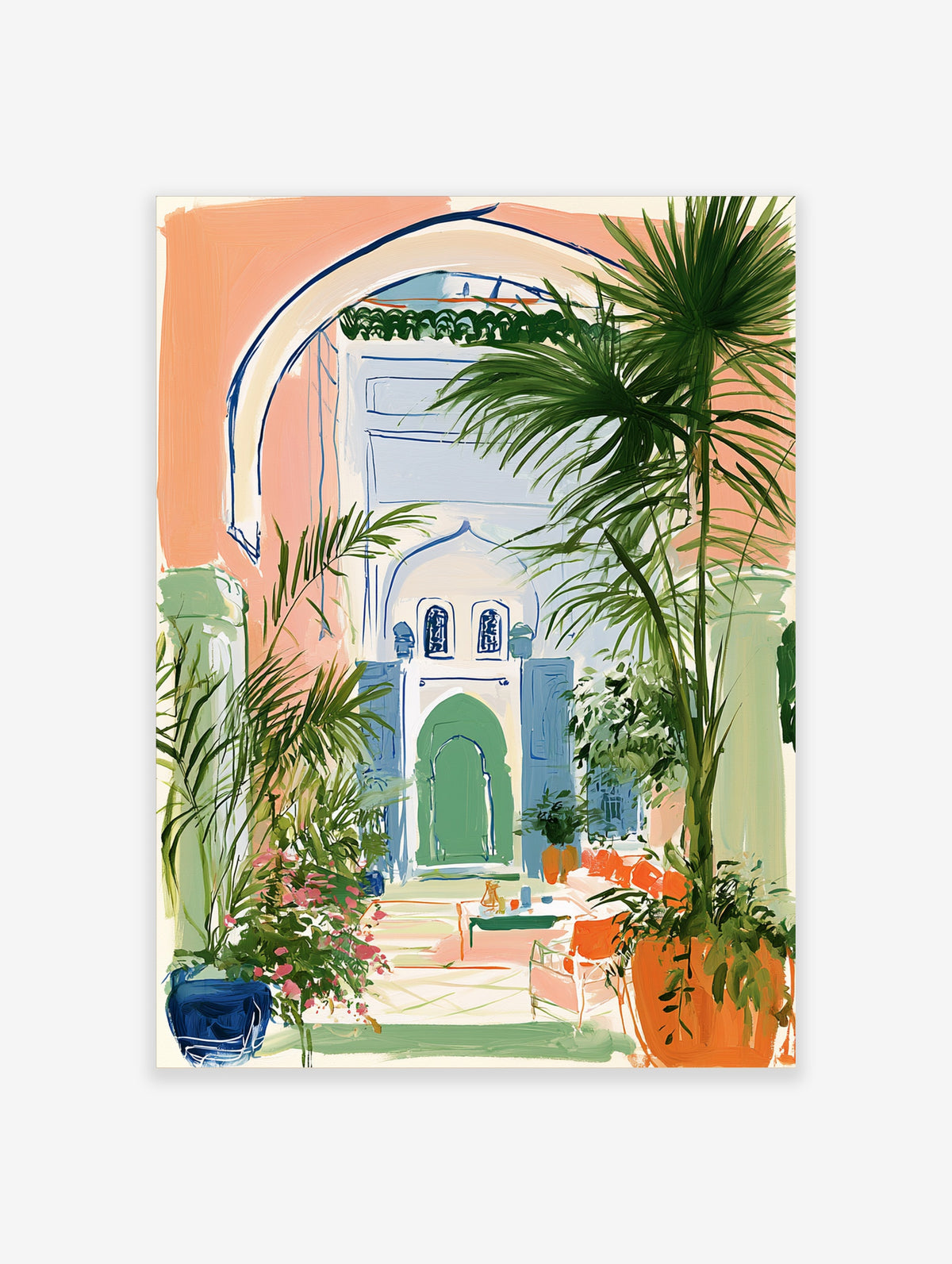 Moroccan courtyard art print with green arched door, palm tree, pink walls, and blue details