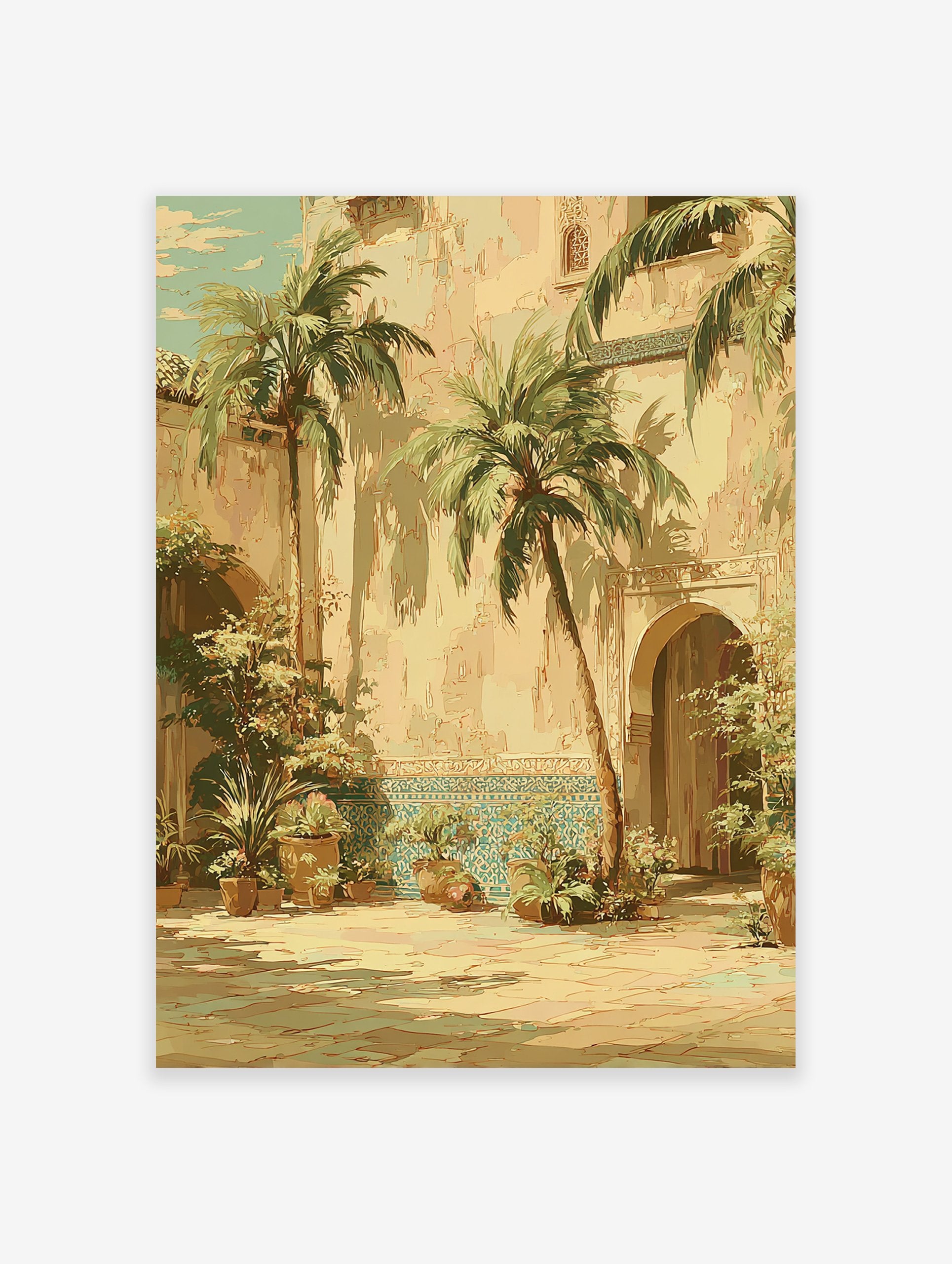 Moroccan Courtyard Wall Art featuring palm trees, archways, and blue Zellige tiles in a sunny, traditional patio scene.