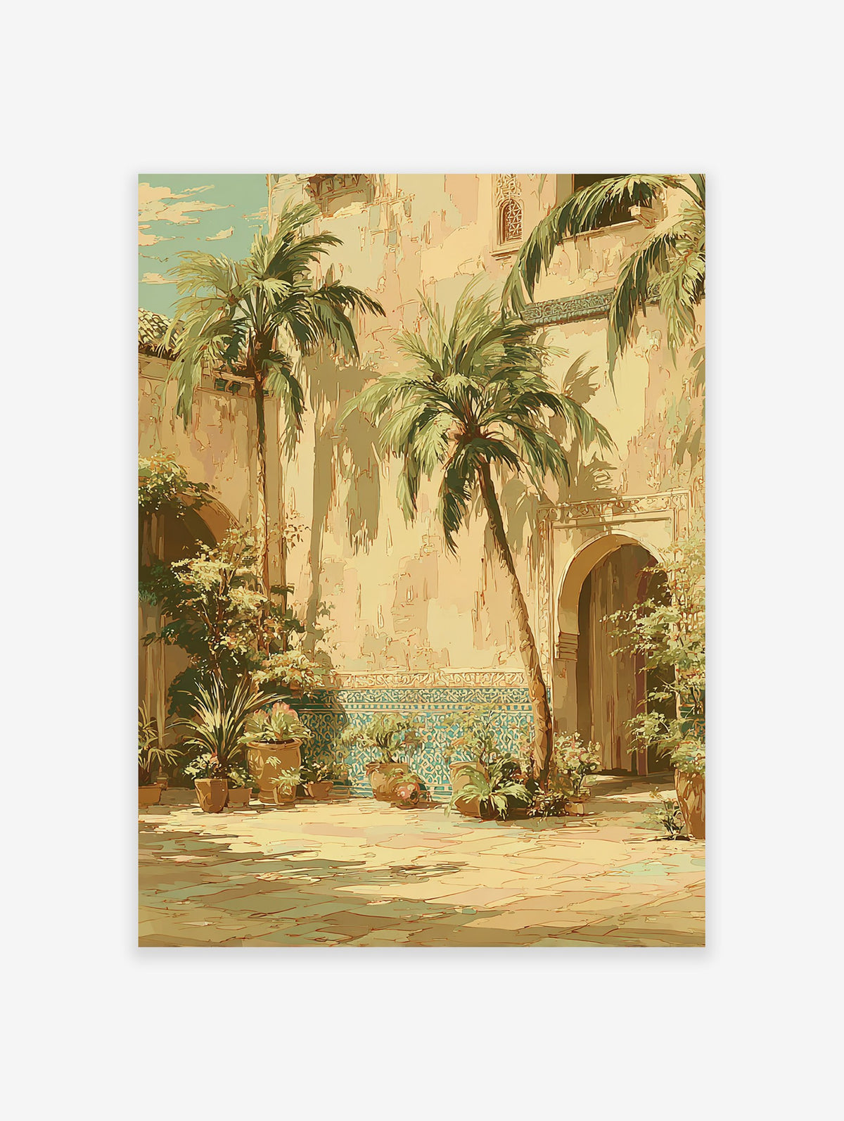 Moroccan Courtyard Wall Art featuring palm trees, archways, and blue Zellige tiles in a sunny, traditional patio scene.