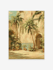 Moroccan Courtyard Wall Art featuring palm trees, archways, and blue Zellige tiles in a sunny, traditional patio scene.