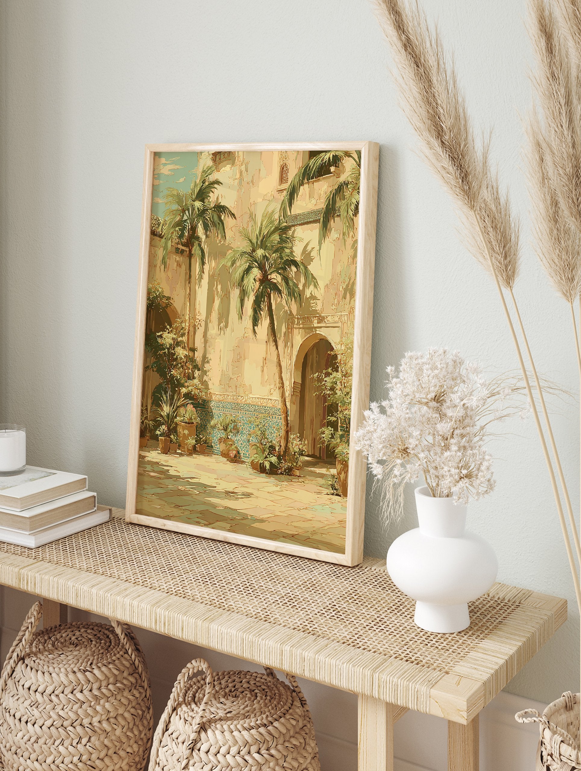 Moroccan Courtyard Wall Art featuring palm trees, archways, and blue Zellige tiles in a sunny, traditional patio scene. - Image 3