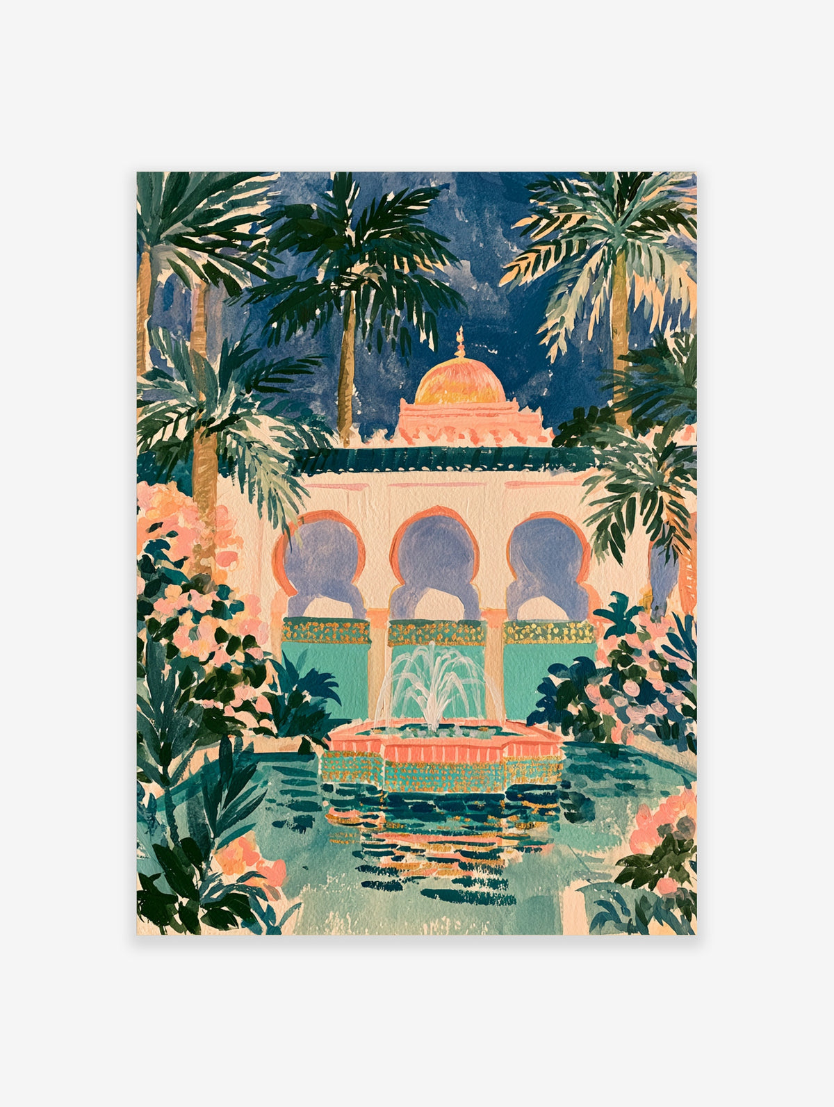 Moroccan courtyard art print with pink dome, arches, fountain and palm trees