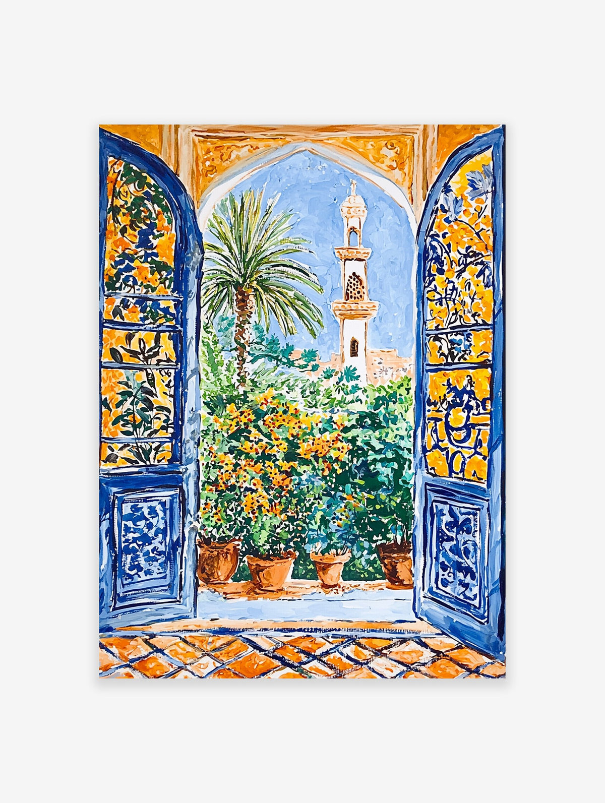 Moroccan Garden Poster showing a view through an arched blue window to a garden with a palm tree, minaret, and potted plants.