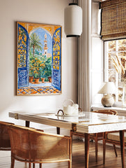 Moroccan Garden Poster showing a view through an arched blue window to a garden with a palm tree, minaret, and potted plants. - Image 2