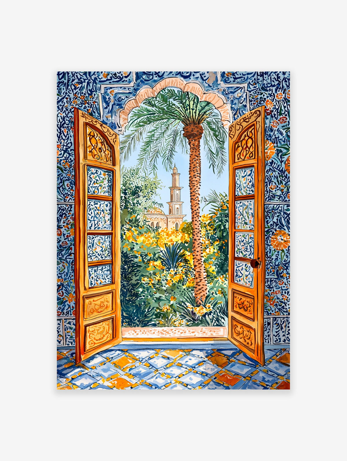 Moroccan garden poster showing an arched doorway with intricate blue and orange tiles, looking out to a palm tree and a mosque.