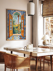 Moroccan garden poster showing an arched doorway with intricate blue and orange tiles, looking out to a palm tree and a mosque. - Image 2