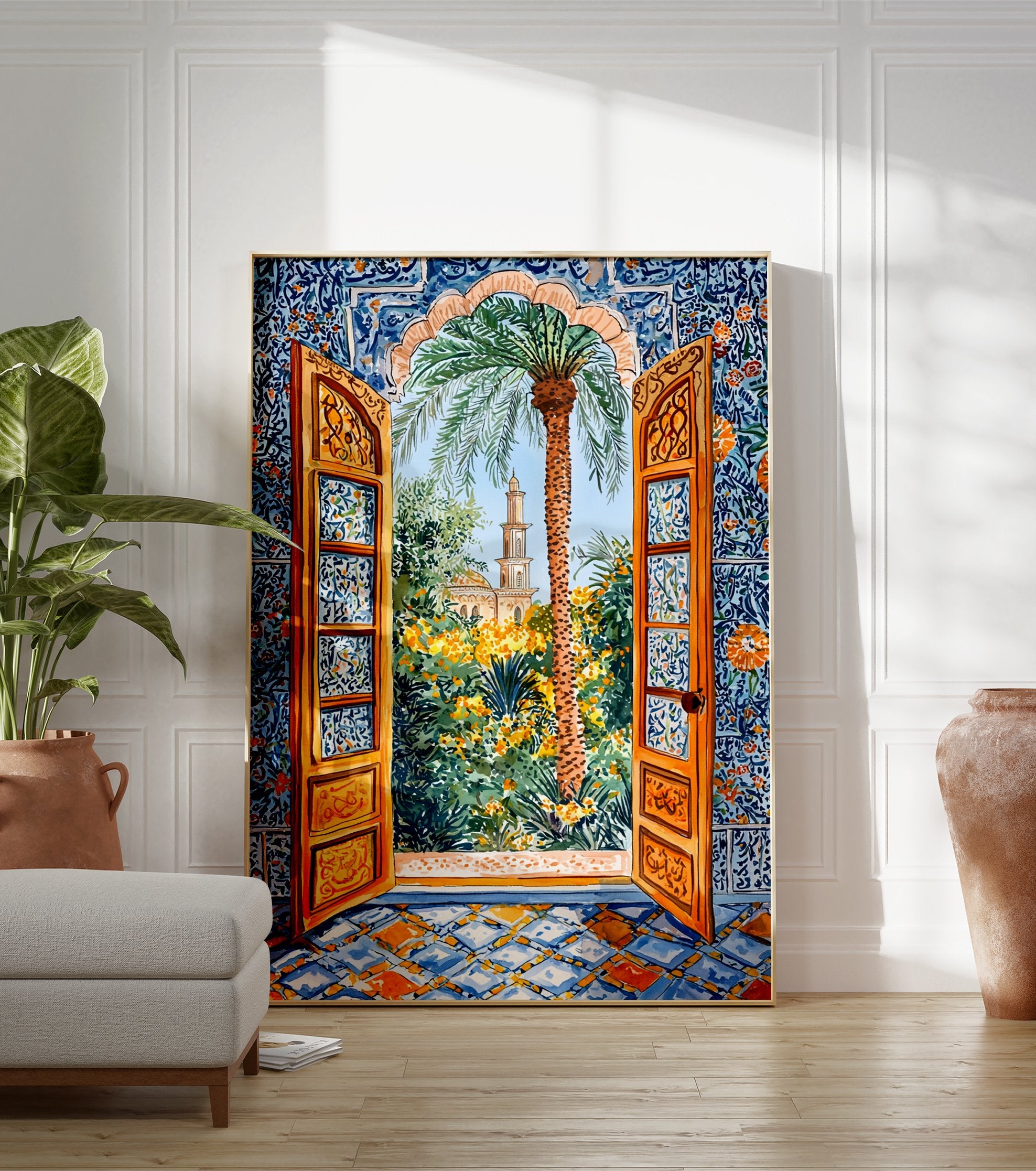 Moroccan garden poster showing an arched doorway with intricate blue and orange tiles, looking out to a palm tree and a mosque. - Image 3