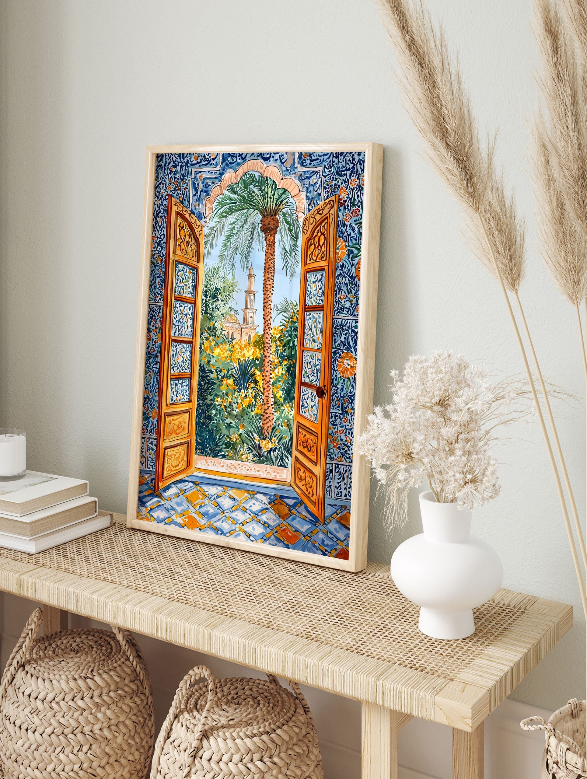 Moroccan garden poster showing an arched doorway with intricate blue and orange tiles, looking out to a palm tree and a mosque. - Image 4
