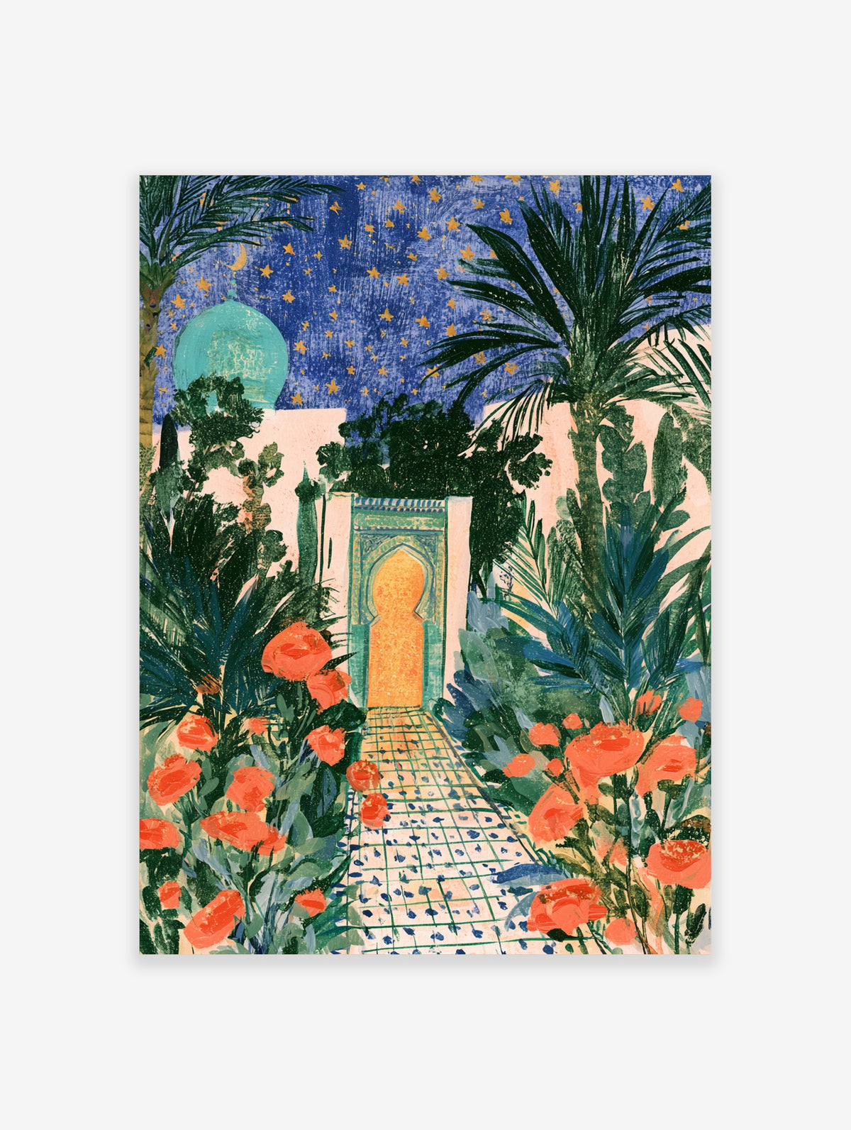 Moroccan garden poster with turquoise arch, orange roses, palm trees, and starry night sky