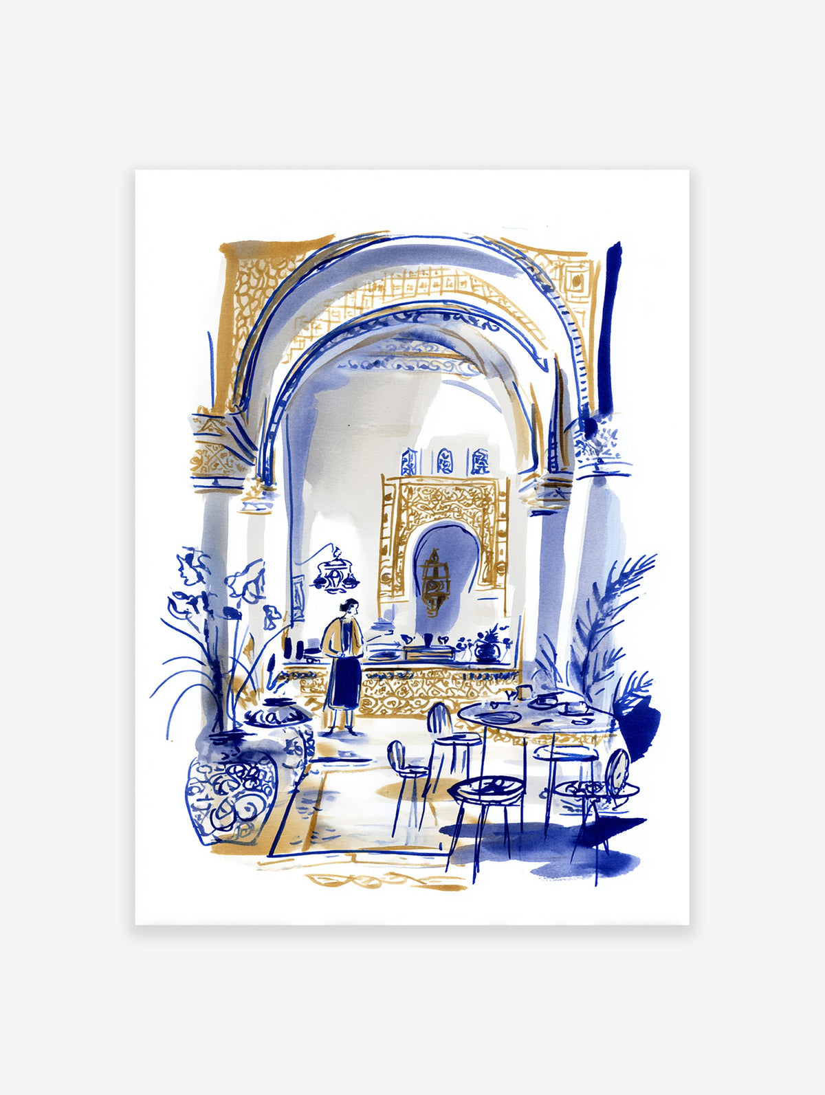 Moroccan interior wall art illustration in blue and gold, depicting a cafe scene with arches, tables, and a person.