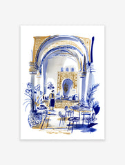 Moroccan interior wall art illustration in blue and gold, depicting a cafe scene with arches, tables, and a person.
