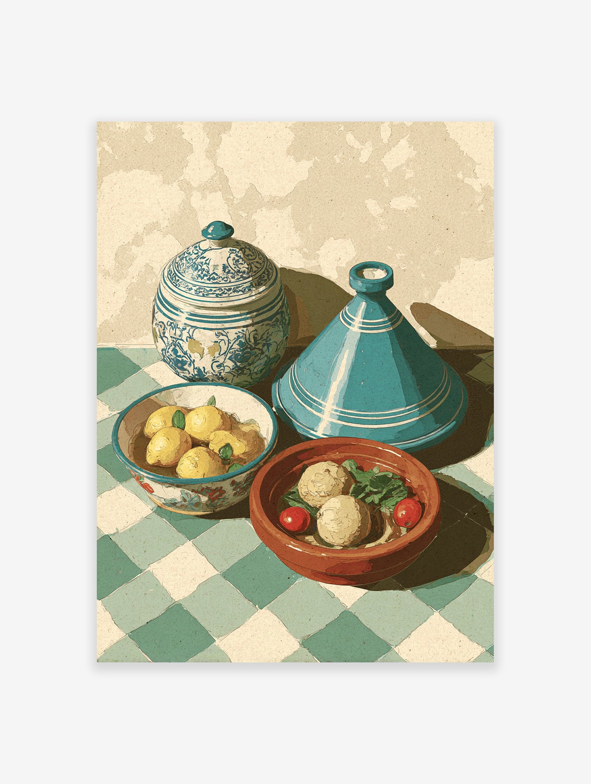 Moroccan kitchen art print with a blue tagine, lidded pot, lemons, and food on a green checkered tablecloth.
