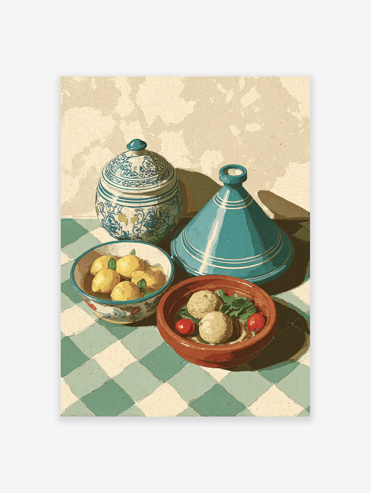 Moroccan kitchen art print with a blue tagine, lidded pot, lemons, and food on a green checkered tablecloth.