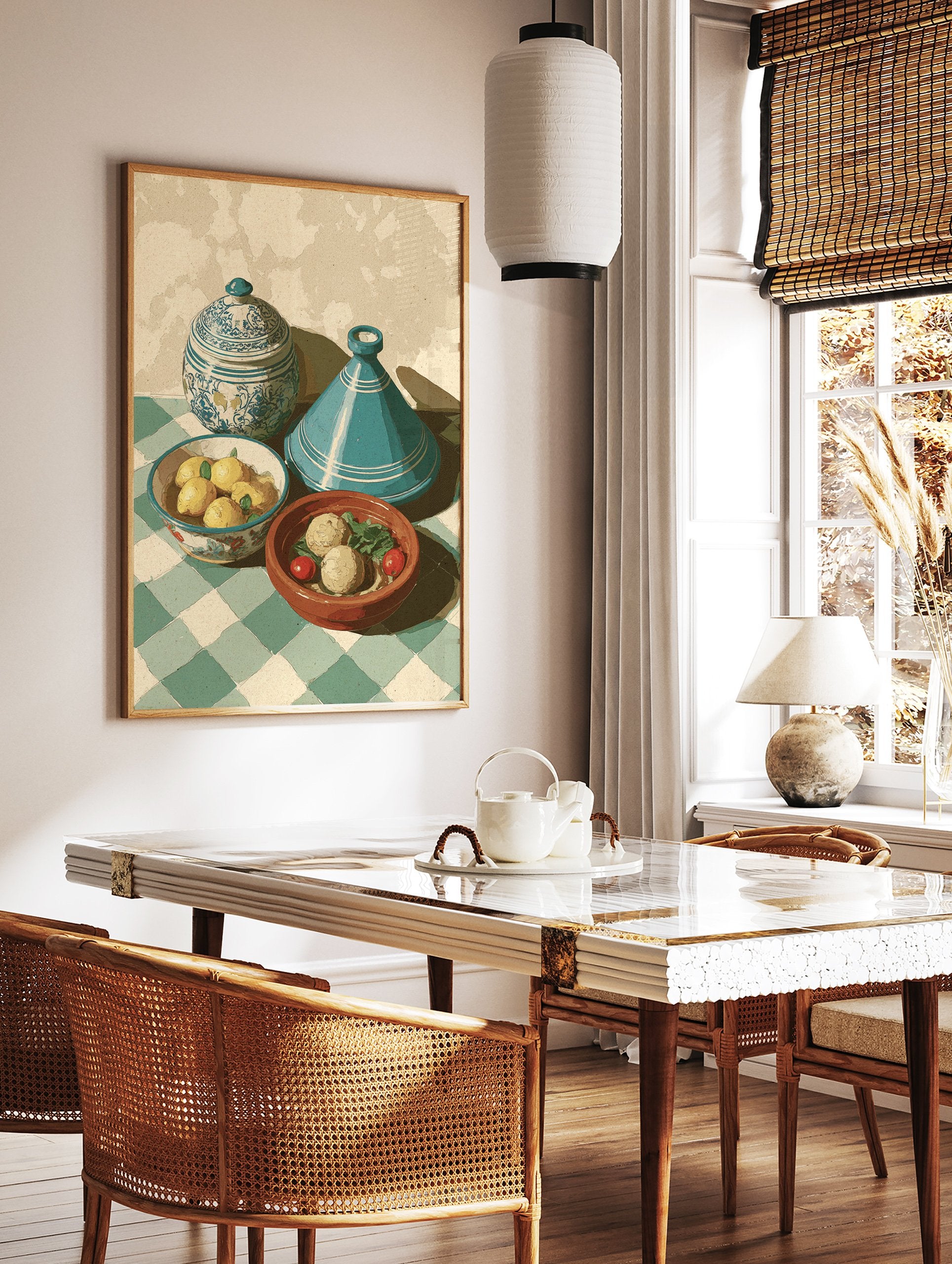 Moroccan kitchen art print with a blue tagine, lidded pot, lemons, and food on a green checkered tablecloth. - Image 2