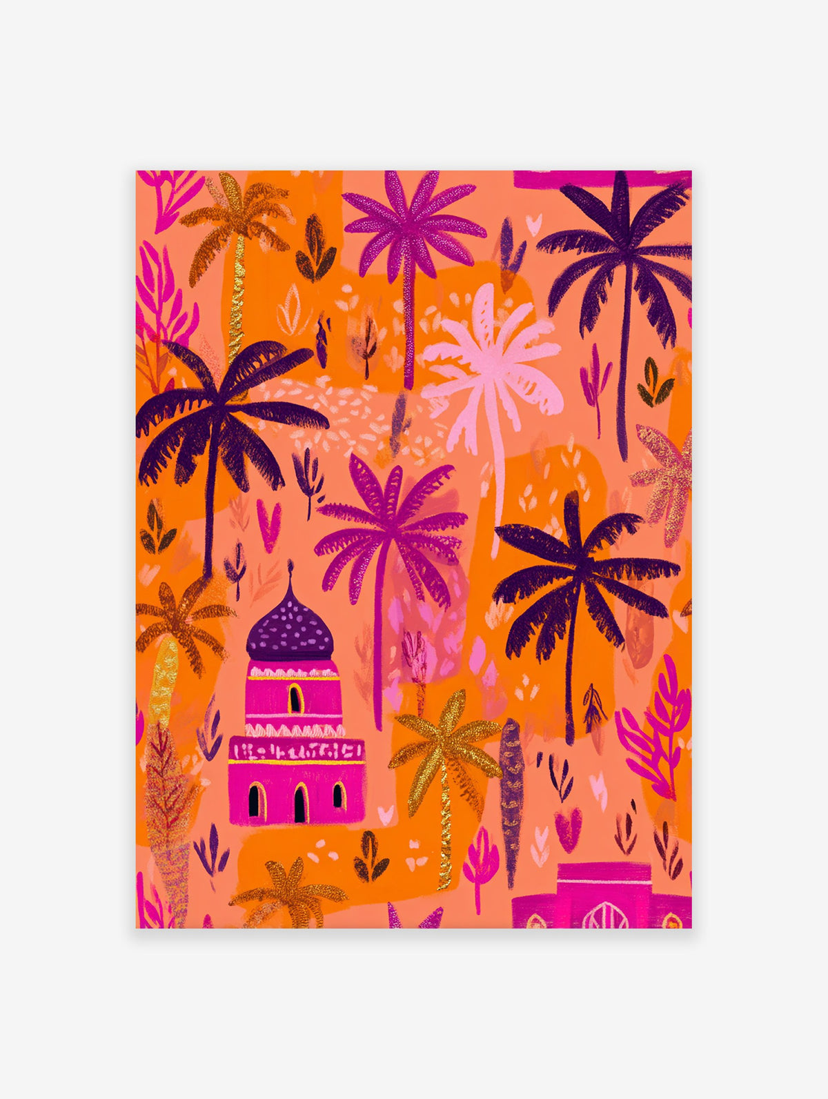 Vibrant Moroccan desert oasis poster with orange, pink, purple palm trees and a fuchsia building under a bright sky.