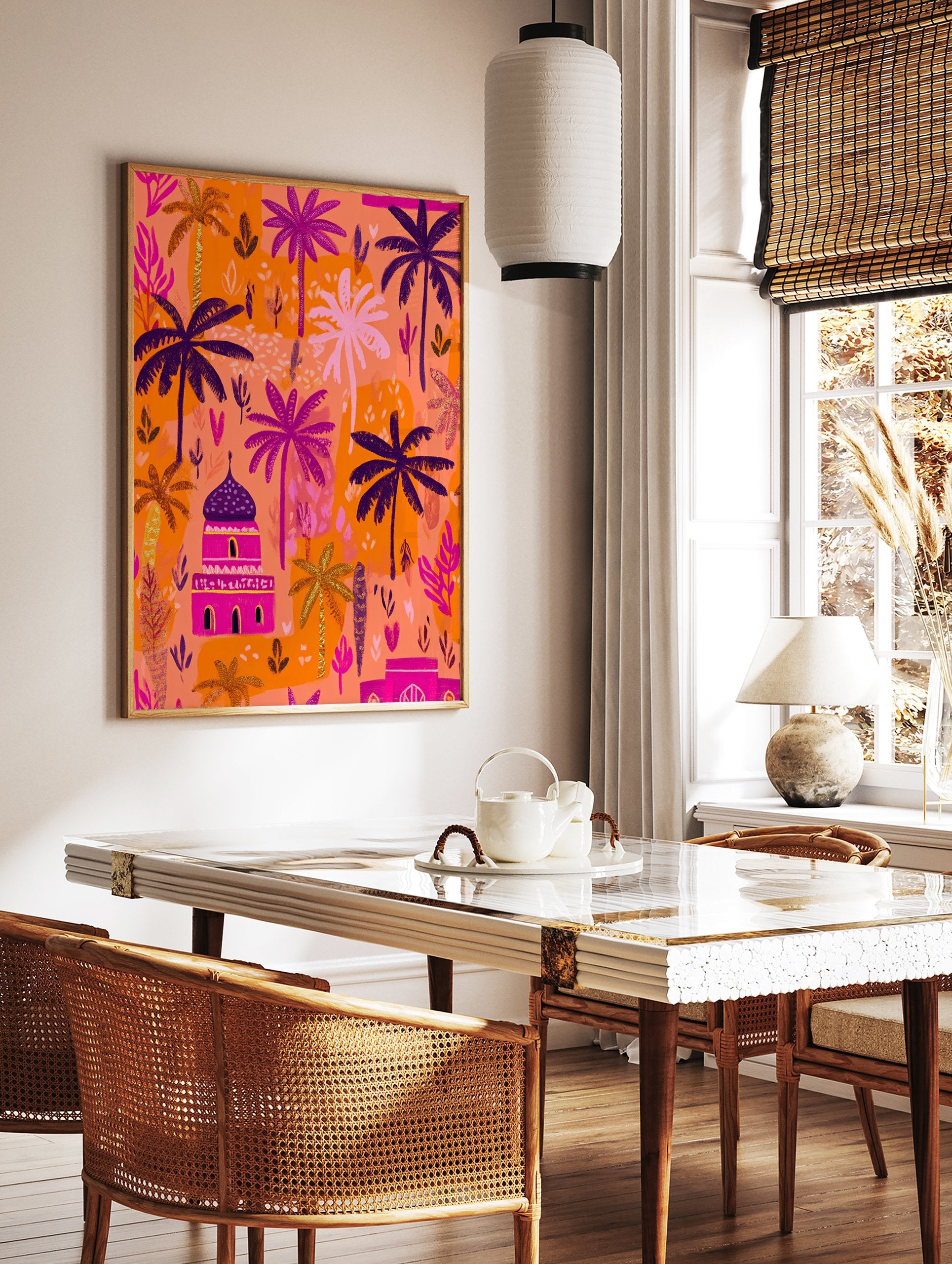 Vibrant Moroccan desert oasis poster with orange, pink, purple palm trees and a fuchsia building under a bright sky. - Image 2