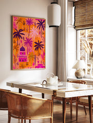 Vibrant Moroccan desert oasis poster with orange, pink, purple palm trees and a fuchsia building under a bright sky. - Image 2