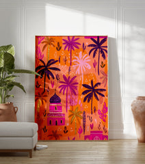 Vibrant Moroccan desert oasis poster with orange, pink, purple palm trees and a fuchsia building under a bright sky. - Image 3