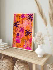 Vibrant Moroccan desert oasis poster with orange, pink, purple palm trees and a fuchsia building under a bright sky. - Image 4