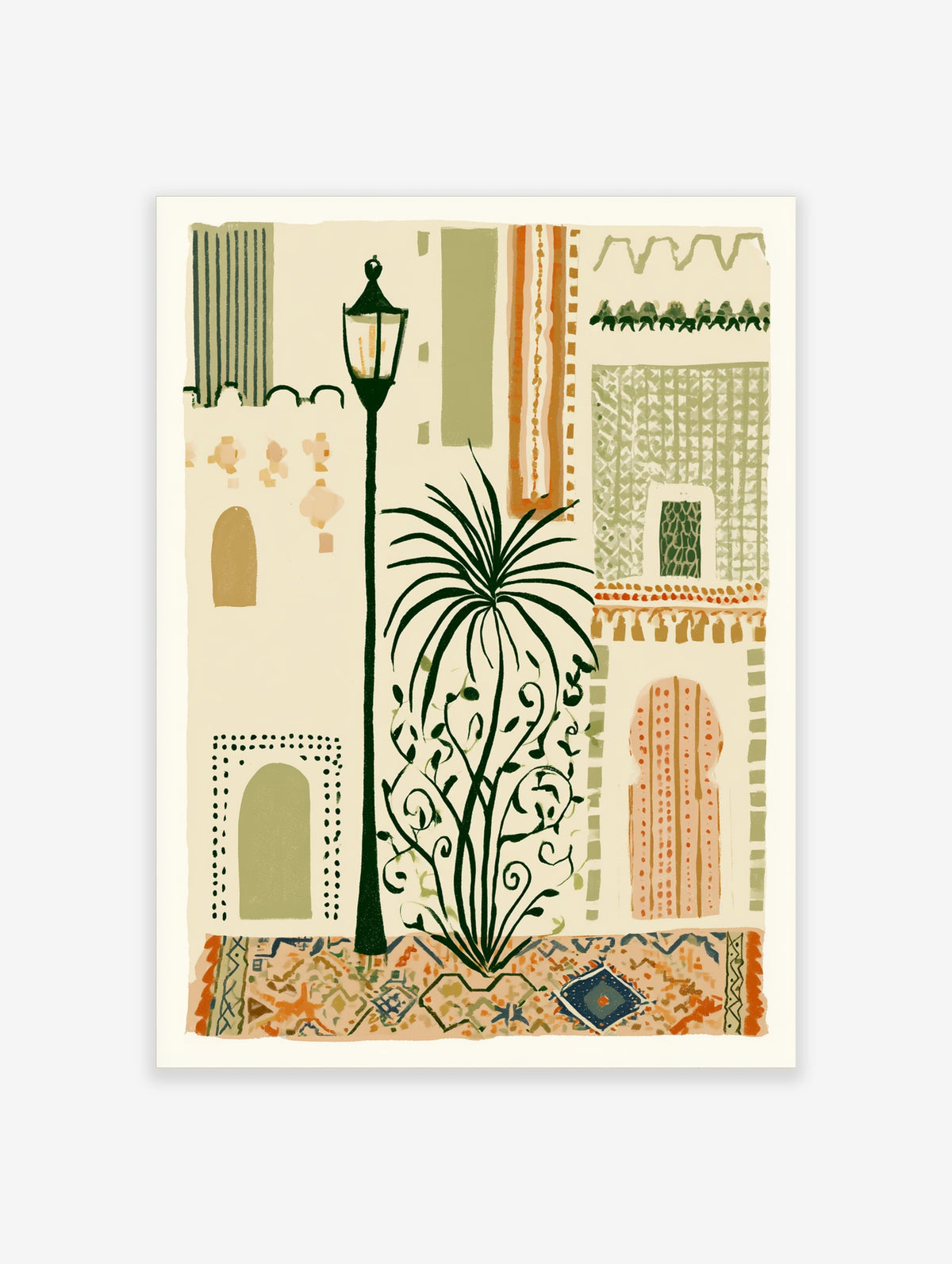 Moroccan street lamp poster with palm, patterned arches and tiled border in green and orange