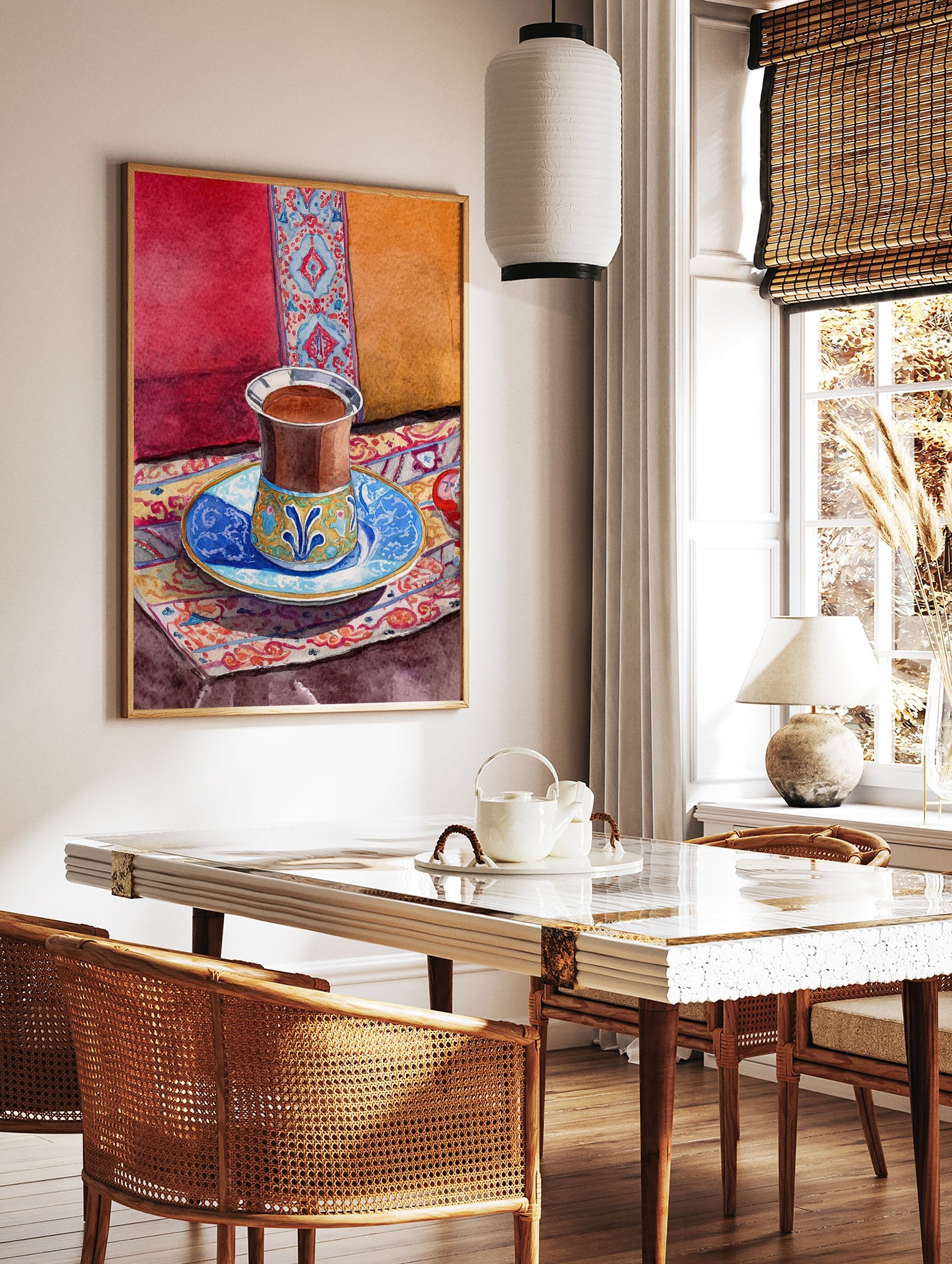 Watercolor painting of a Moroccan tea cup on a patterned rug with red and orange cushions in the background. - Image 3