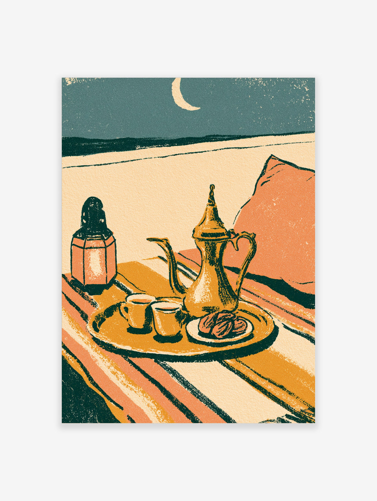 Moroccan tea poster with gold teapot, cups, dates, lantern, crescent moon, and striped rug