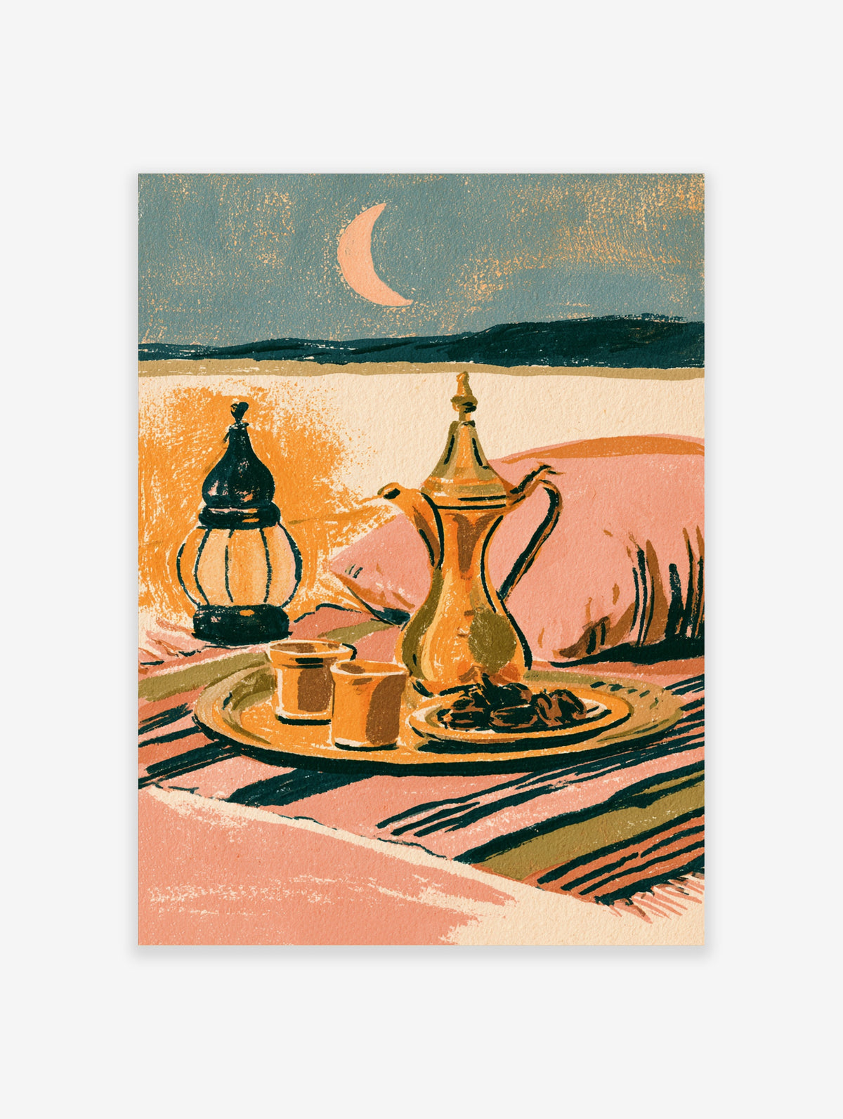 Moroccan tea poster with brass teapot, cups, dates, lantern and crescent moon in orange and pink