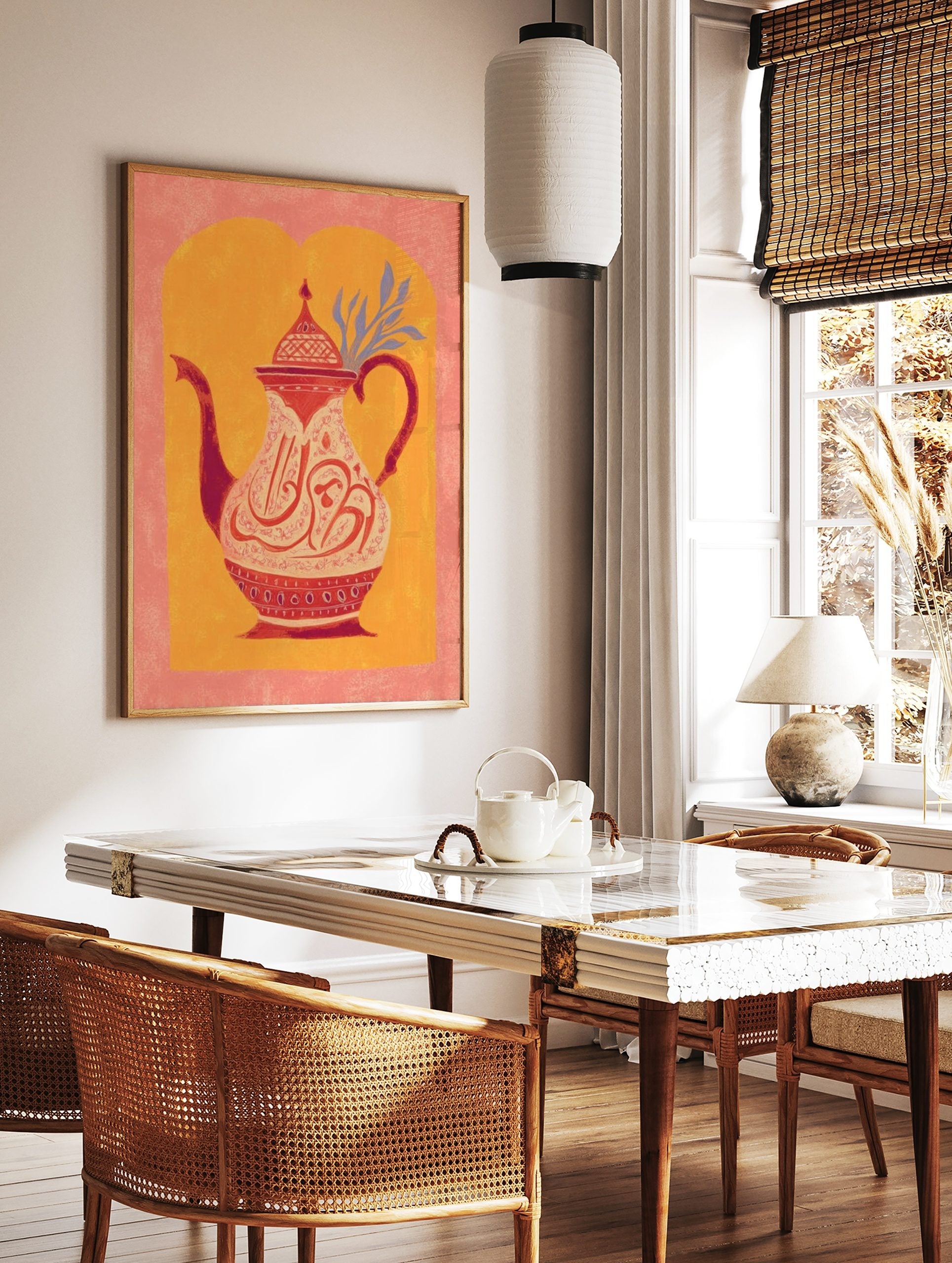Illustrative Moroccan teapot with ornate red and white Arabic calligraphy and patterns on an orange, in a styled room mockup