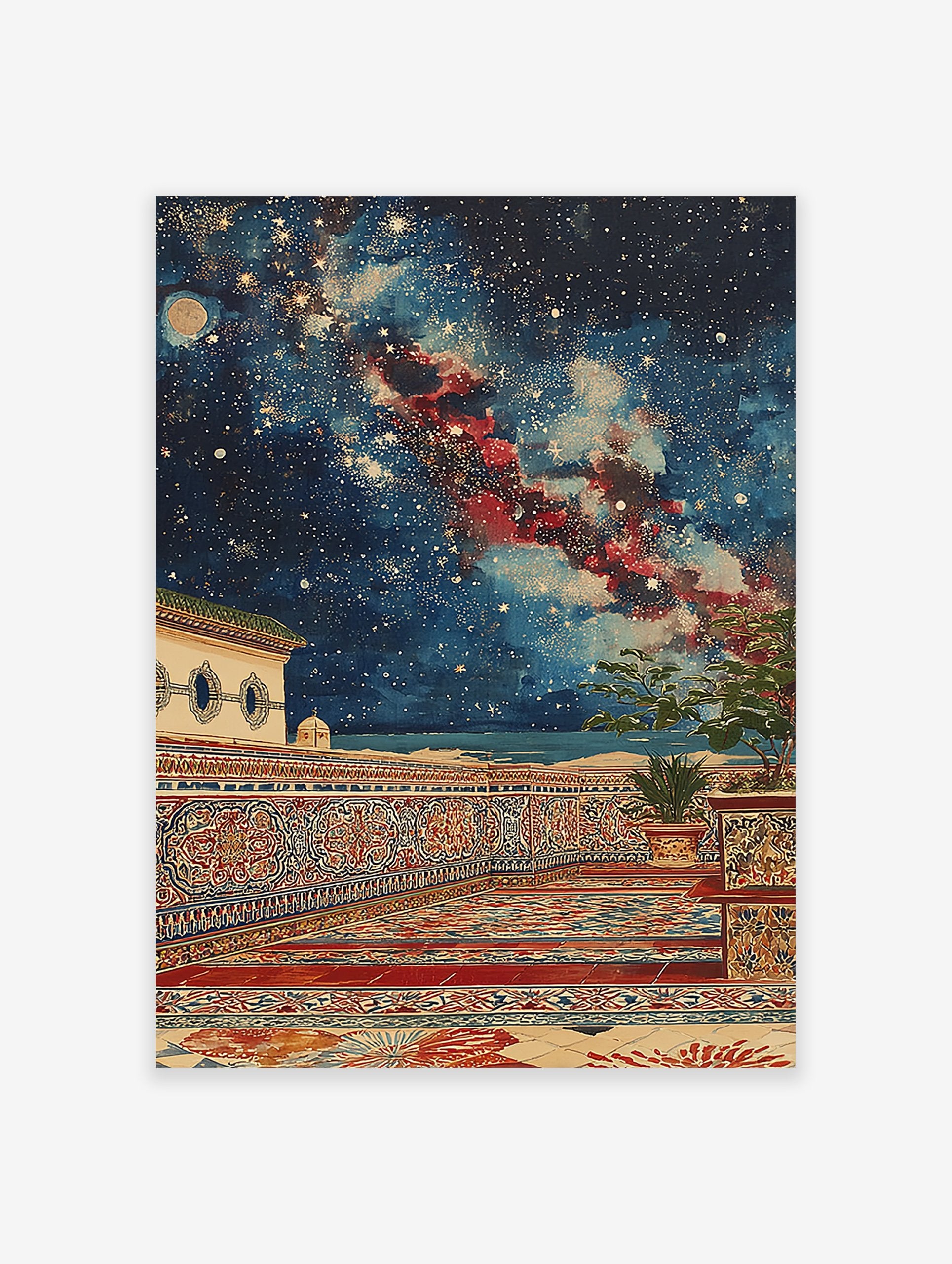 Moroccan wall art featuring an ornate balcony with Islamic patterns under a starry night sky with a moon and red nebula.