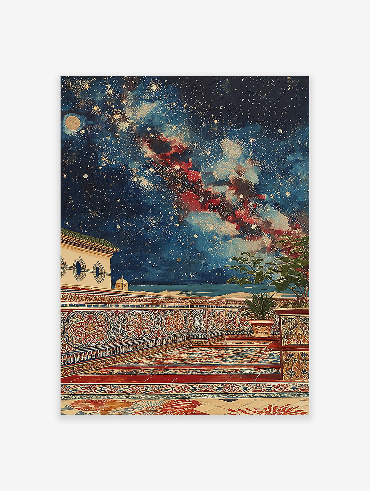 Moroccan wall art featuring an ornate balcony with Islamic patterns under a starry night sky with a moon and red nebula.