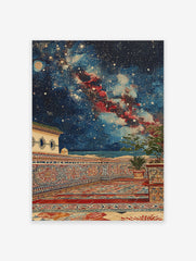 Moroccan wall art featuring an ornate balcony with Islamic patterns under a starry night sky with a moon and red nebula.